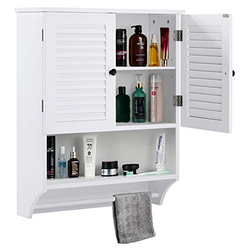 ChooChoo Medizinschrank mit 2 Türen Wandschrank Holz Hängeschrank mit verstellbaren Einlegeböden WC19001-WH Medicine Cabinet with Towel Bar