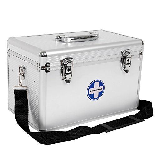 SONGMICS Erste Hilfe Koffer Medizin-Box Aufbewahrungsbox Medikamentenbox Arzneimittel-Box Medizinbehälter mit Tragegriff Tragegurt Aluleisten ABS silbrig JBC362S