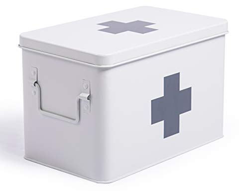 Theo&Cleo Medizin Box Metall, Erste Hilfe Kasten Koffer Schrank, Arzneischrank Medizinkoffer Retro, Medizinschränke Groß XXL, 32 * 19 * 20 cm Weiß