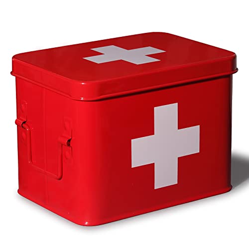Theo&Cleo Medizin Box Metall, Erste Hilfe Kasten Koffer Schrank, Arzneischrank Medizinkoffer Retro, Medizinschrank, 22 * 16 * 16 cm, klein, Rot