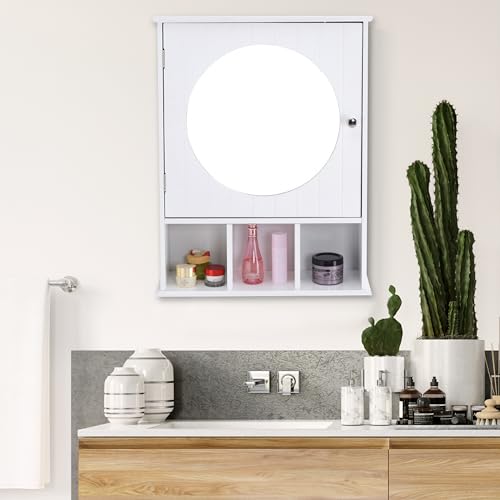 habeig Badezimmerschrank, Medizinschrank, Wandschrank mit höhenverstellbarer Regalebene, Badschrank mit Tür und Spiegel, 40 x 16 x 56 cm, Holz, weiß