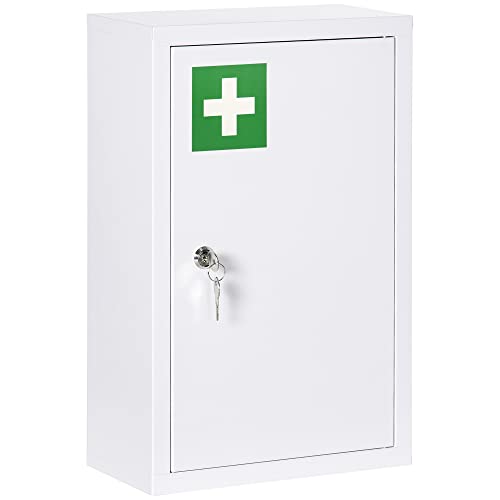 kleankin Medizinschrank, Apothekerschrank mit 3 Schichten, Abschließbarer Arzneischrank, Medikamentenschrank mit 2 Schlüsseln, Wand-Medizinbox, Stahl, Weiß, 30 x 14 x 46 cm